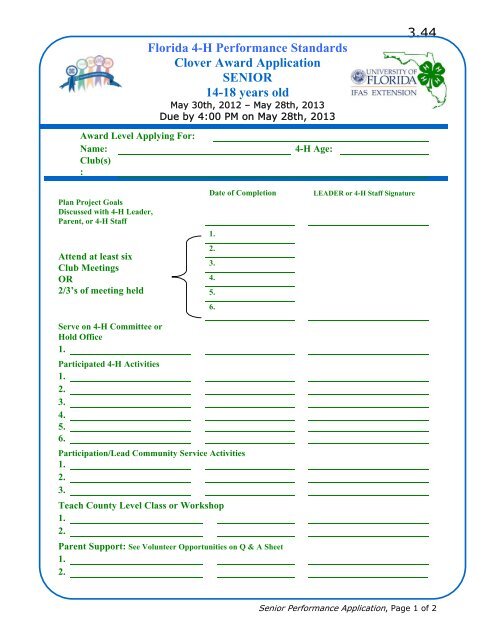 3.44 Florida 4-H Performance Standards Clover Award Application ...