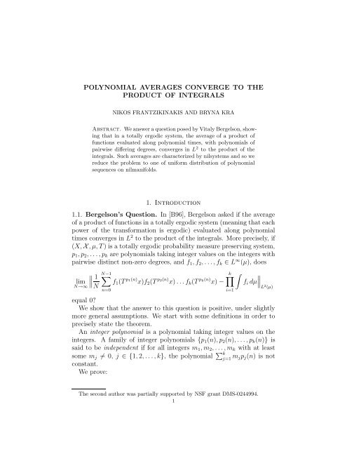 Polynomial averages converge to the product of integrals