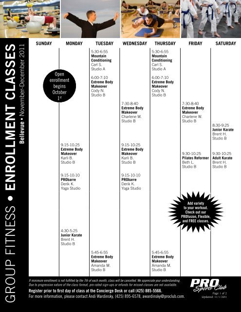 Enrollment Class Schedule Pro Sports Club