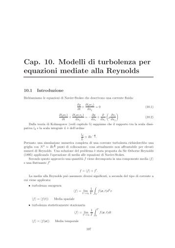 Cap. 10. Modelli di turbolenza per equazioni mediate alla Reynolds