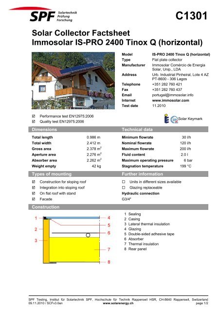 Solar Collector Factsheet Immosolar IS-PRO 2400 Tinox Q (horizontal)