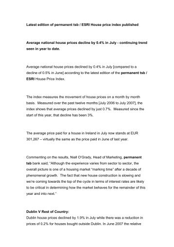 Latest edition of permanent tsb / ESRI House price index published