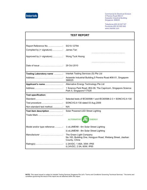 Intertek SONTCAP Test Report - LED Solar Street Light - Alternative ...