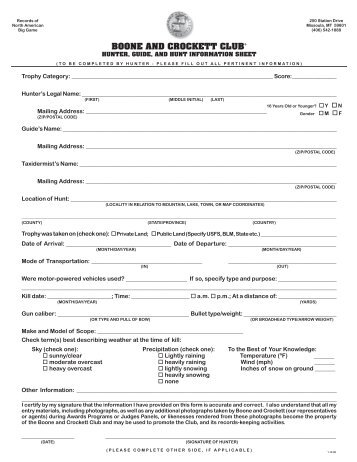 Hunter, Guide and Hunt Information form - Boone and Crockett Club