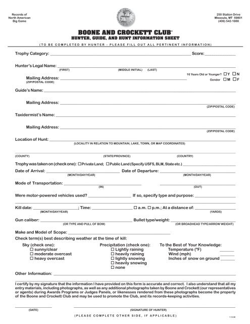 Hunter, Guide and Hunt Information form - Boone and Crockett Club