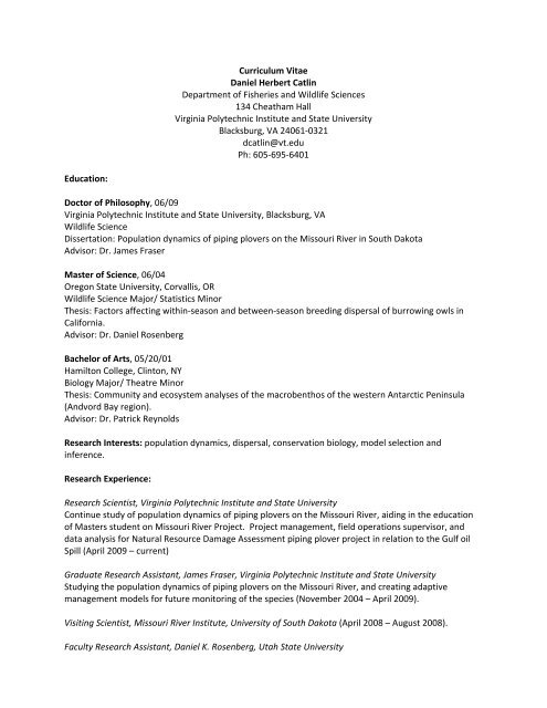 Curriculum Vitae Daniel Herbert Catlin - Fish and Wildlife ...