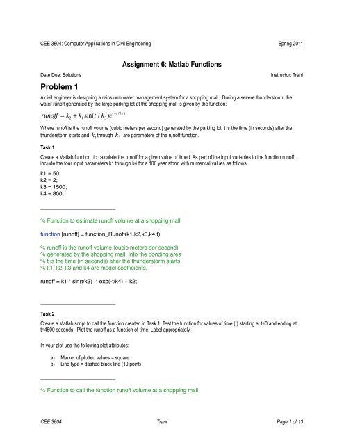 Assignment 6: Matlab Functions Problem 1