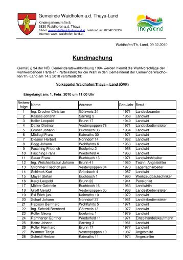 Kundmachung WahlvorschlÃ¤ge - Waidhofen an der Thaya-Land