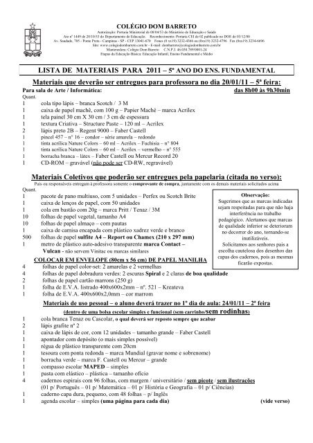 lista de material 5Â° ano 2011 - ColÃ©gio Dom Barreto