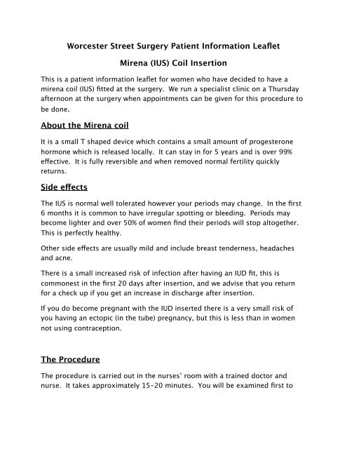 Mirena Coil - Worcester Street Surgery