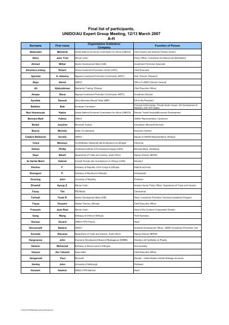 Final list of participants, UNIDO/AU Expert Group Meeting, 12/13