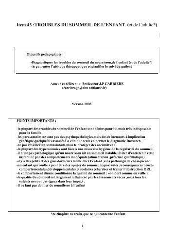 Item 43 :TROUBLES DU SOMMEIL DE L'ENFANT (et de l'adulte* )