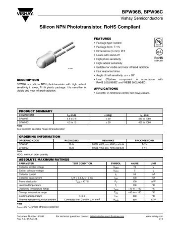 Silicon NPN Phototransistor, RoHS Compliant BPW96B ... - Micropik