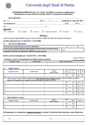 Modulo detrazioni anno 2011 - UniversitÃ  degli Studi di Parma
