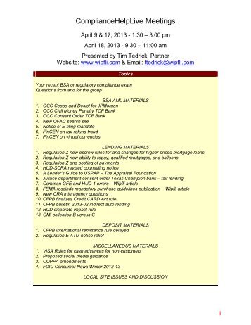 Download the April 2013 ComplianceHelpLive meeting ... - Wipfli