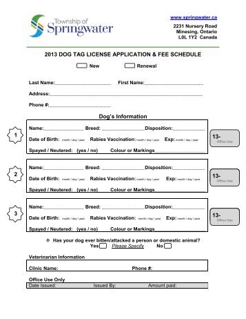 2013 Dog Tag Application Form - Township of Springwater