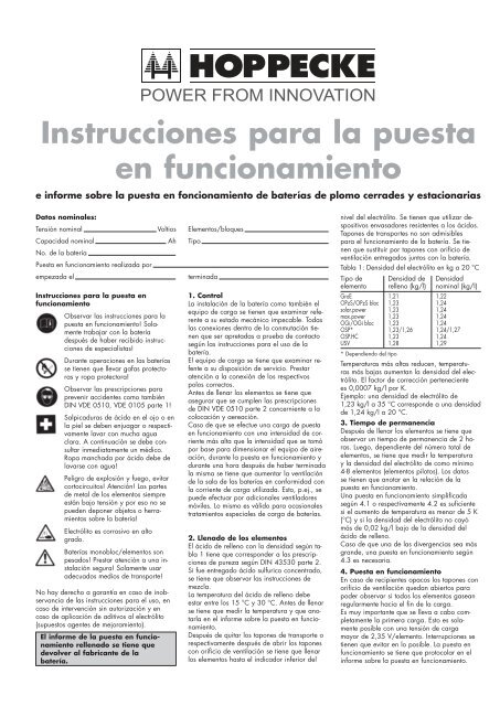 Instrucciones para la puesta en funcionamiento - Hoppecke