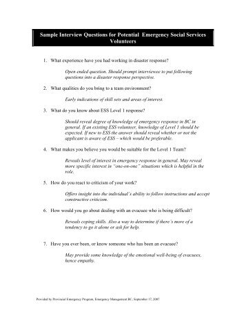 Sample Interview Questions for Potential ESS Volunteers