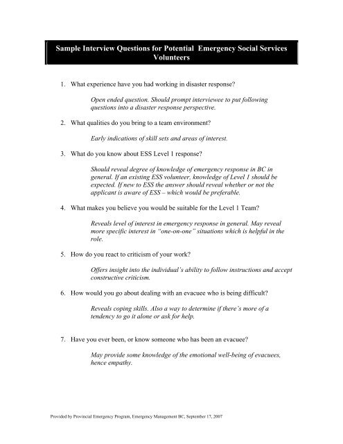 Sample Interview Questions for Potential ESS Volunteers