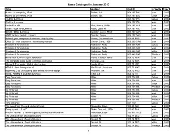 Items Cataloged in January 2013 Title Author Call # Branch Year