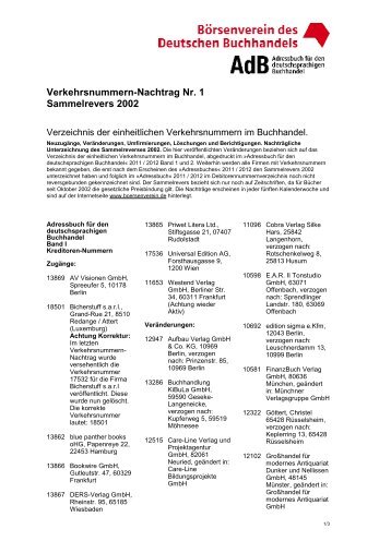 Verkehrsnummern-Nachtrag Nr. 1 Sammelrevers 2002