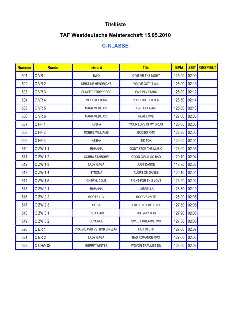 Playlist WDM 2010 - Discofox-Turnierinfo