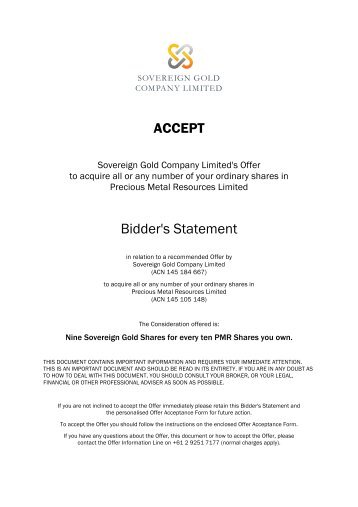 Bidder's Statement from Sovereign Gold - About Precious Metal ...