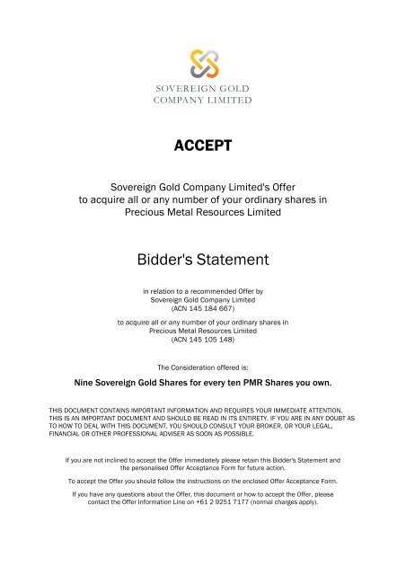 Bidder's Statement from Sovereign Gold - About Precious Metal ...