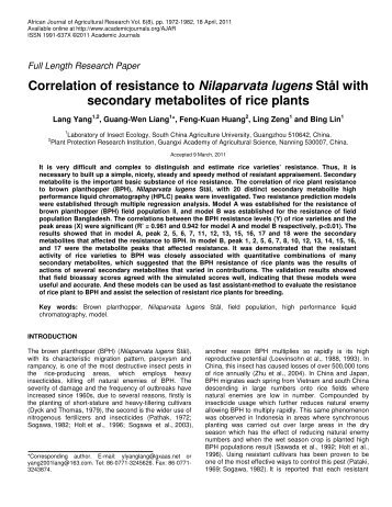 Correlation of resistance to Nilaparvata lugens StÃ¥l with secondary ...