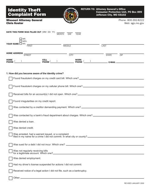 Identity Theft Complaint Form - Missouri Attorney General