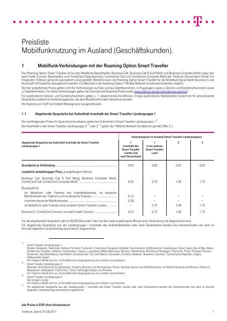 Preisliste Mobilfunknutzung im Ausland ... - Deutsche Telekom AG