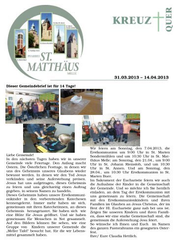Gemeindebrief 31.03.-14.04.13 Internet - St. MatthÃ¤us Melle