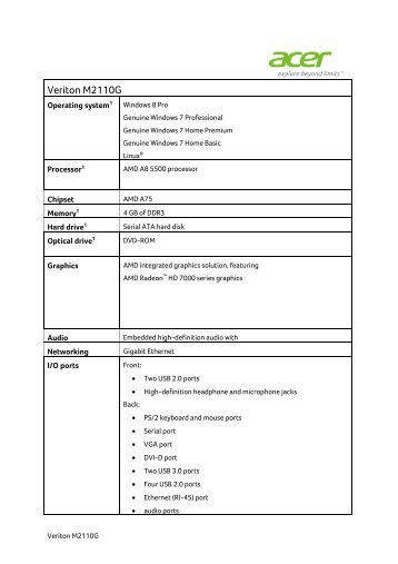 Veriton M2110/2110G Specifications - Acer India