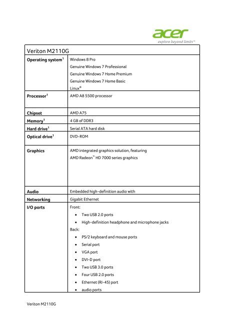 Veriton M2110/2110G Specifications - Acer India