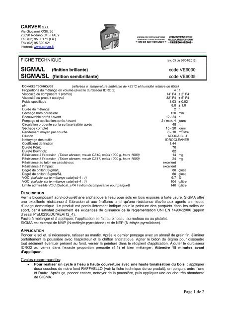 Fiche technique (pdf) - Carver S.r.l.