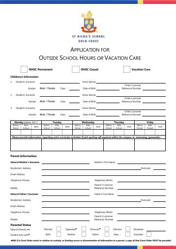 FORM - Application for OSHC - DEC 2012 as pdf - St Hilda's School