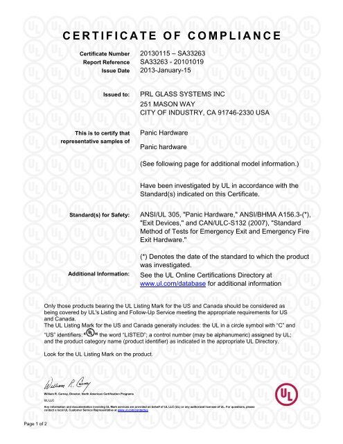 CERTIFICATE OF COMPLIANCE - PRL Glass Systems Inc