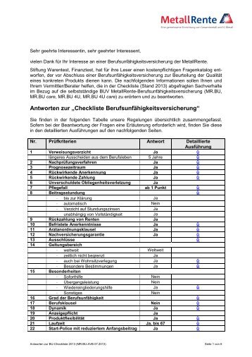 Antworten auf Fragenkatalog der Stiftung Warentest - MetallRente