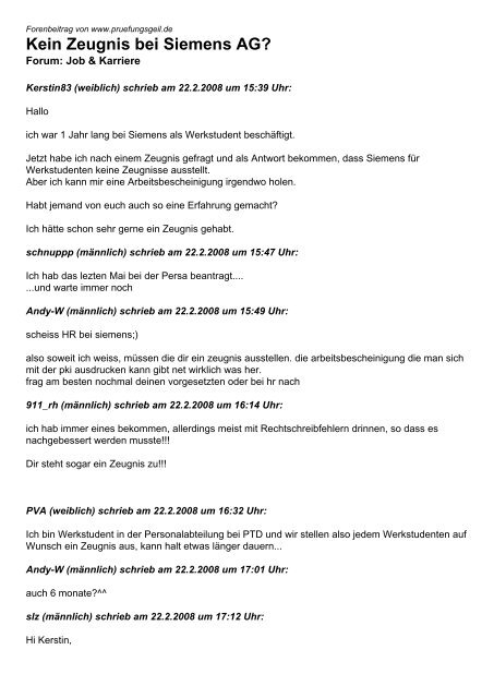 Kein Zeugnis Bei Siemens Ag Studentenportal Pruefungsgeil De