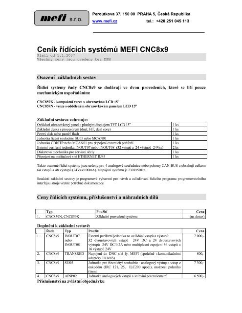 cenÃ­k systÃ©mÅ¯ cnc8x6 a cnc8x9 a pÅÃ­sluÅ¡enstvÃ­ - MEFI, sro