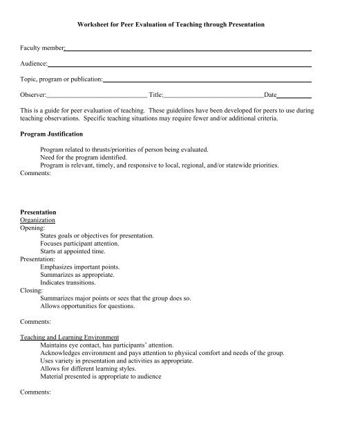 Worksheet for Peer Evaluation of Teaching ... - Oregon State 4-H