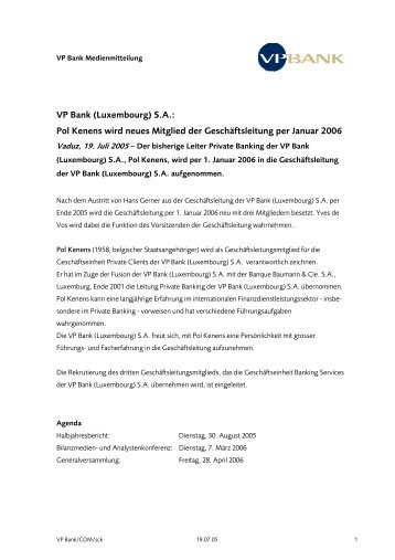 VP Bank (Luxembourg) S.A.: Pol Kenens wird neues Mitglied der ...