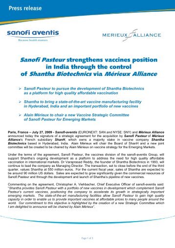 Sanofi Pasteur stengthens vaccines position in India through the ...