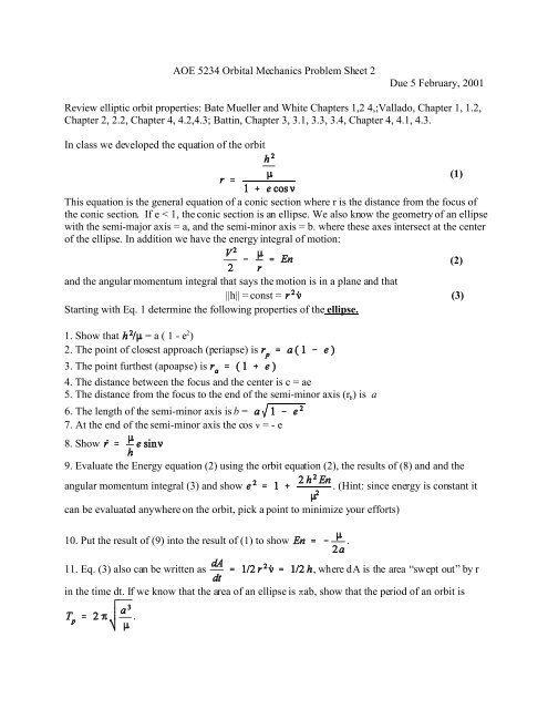 Aoe 5234 Orbital Mechanics Problem Sheet 2 Due 5 February