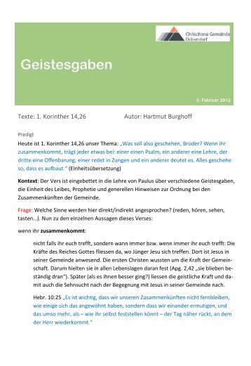 Texte: 1. Korinther 14,26 Autor: Hartmut Burghoff - Chrischona