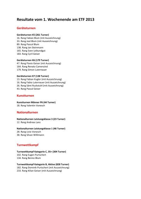 Resultate vom 1. Wochenende am ETF 2013 - STV Roggliswil