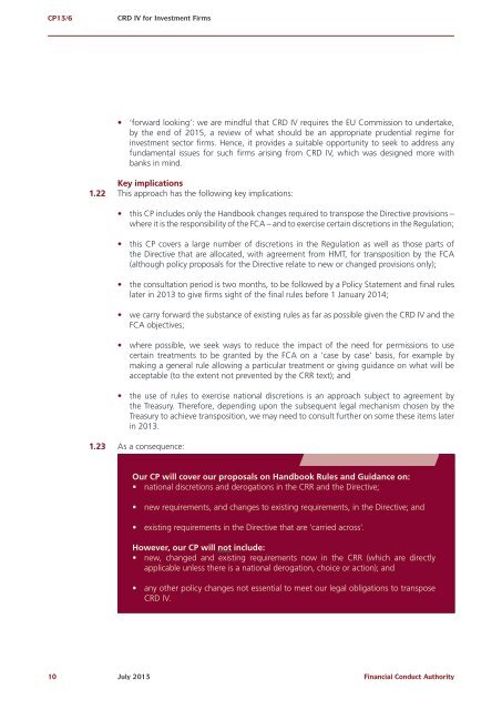 CP13/6 - CRD IV for Investment Firms - Financial Conduct Authority