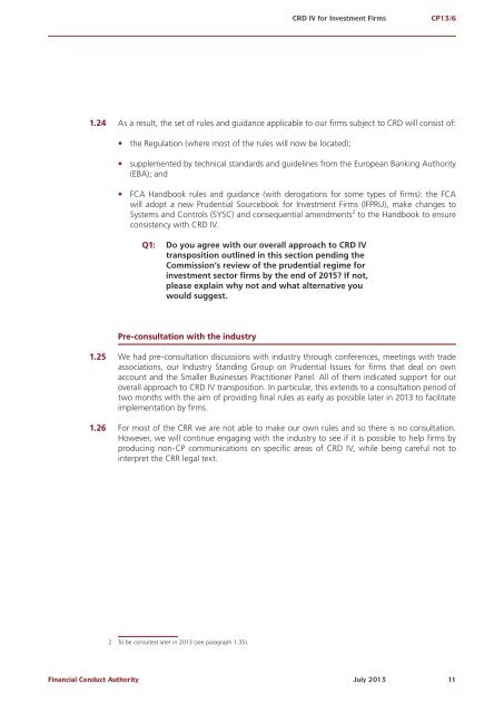 CP13/6 - CRD IV for Investment Firms - Financial Conduct Authority