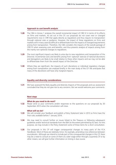 CP13/6 - CRD IV for Investment Firms - Financial Conduct Authority