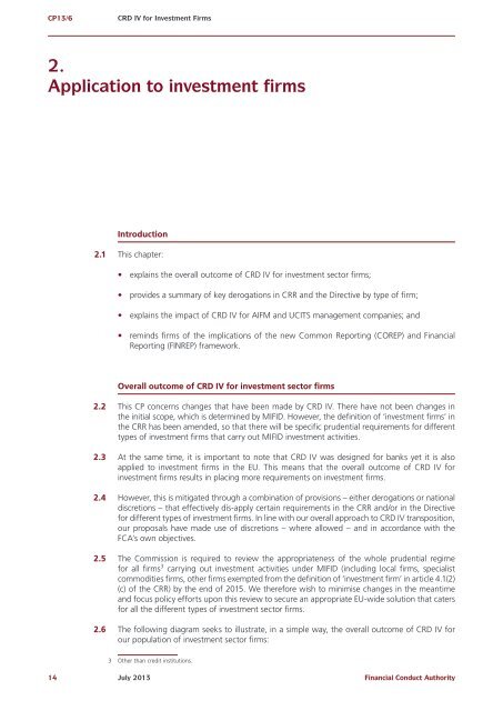 CP13/6 - CRD IV for Investment Firms - Financial Conduct Authority